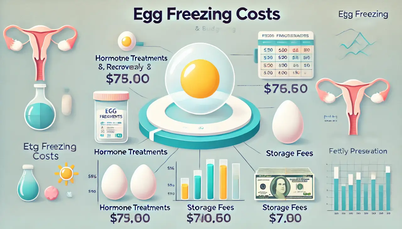Infographic showing costs of egg freezing, including hormone treatments, retrieval, and annual storage fees.