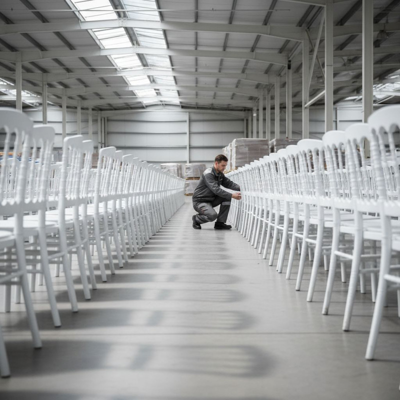 Процесс проверки качества и подготовки партии белых стульев к отгрузке на мероприятие, демонстрирующий стандарты сервиса аренда стульев.