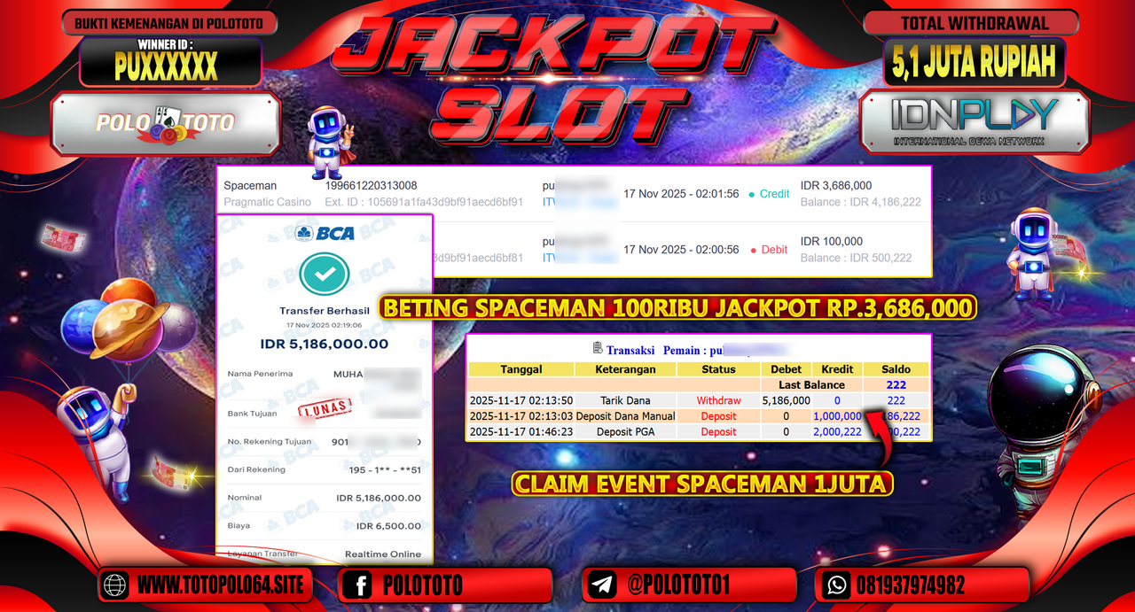 POLOTOTO JACKPOT SLOT SPACEMAN Rp.5.100.000,- LUNAS