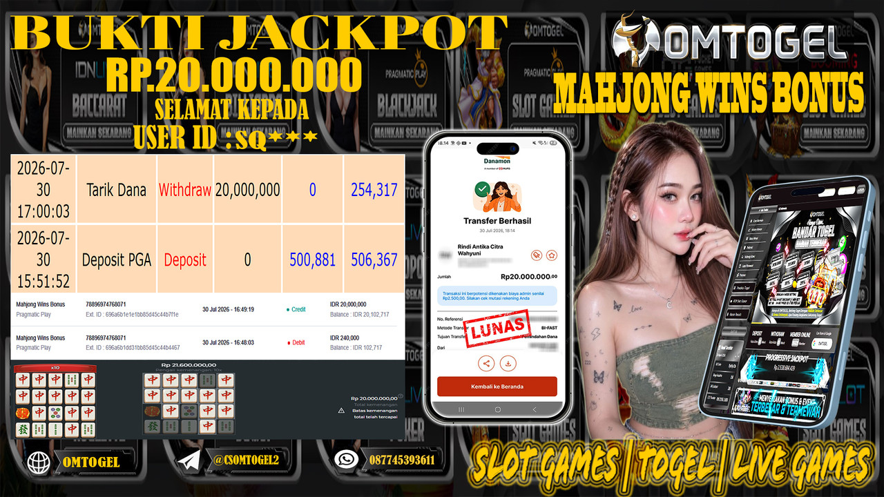 OMTOGEL JACKPOT PRAGMATICPLAY MAHJONG WINS BONUS  Rp,20,000,000,- DIBAYAR LUNAS