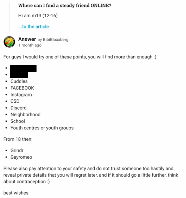 cuntsuela replying to a child on gutefrag listing websites that they can form sexual relationships on