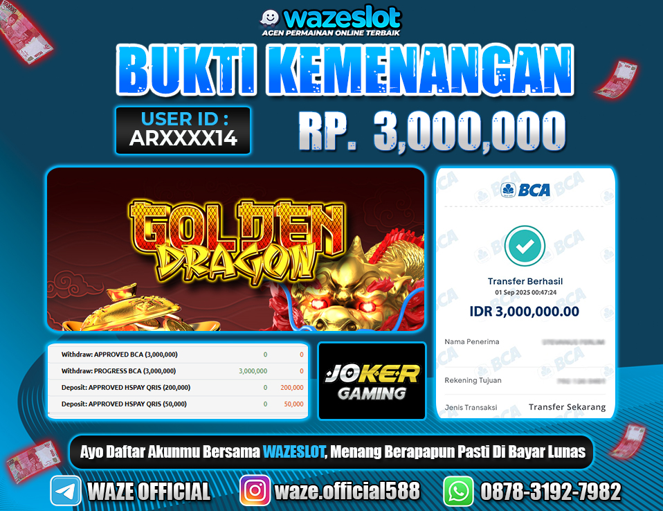 BUKTI KEMENANGAN 01 SEPTEMBER 2025 GAME GOLDEN DRAGON ( JOKER GAMING )