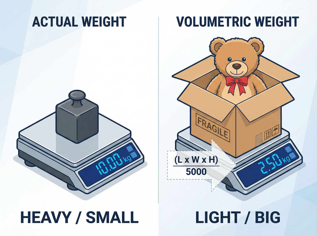 Infographic explaining Actual Weight vs Volumetric Weight calculation