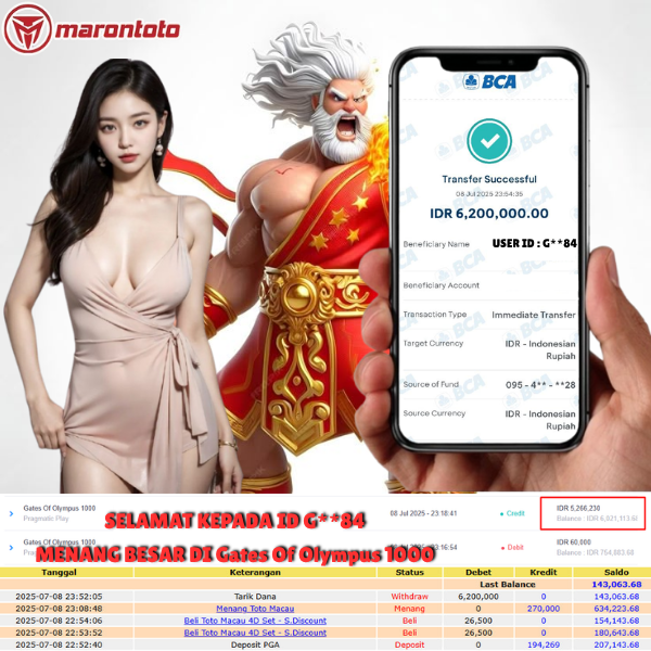 Bukti Kemenangan Member Marontoto Sebesar 6,200,000 JuTa