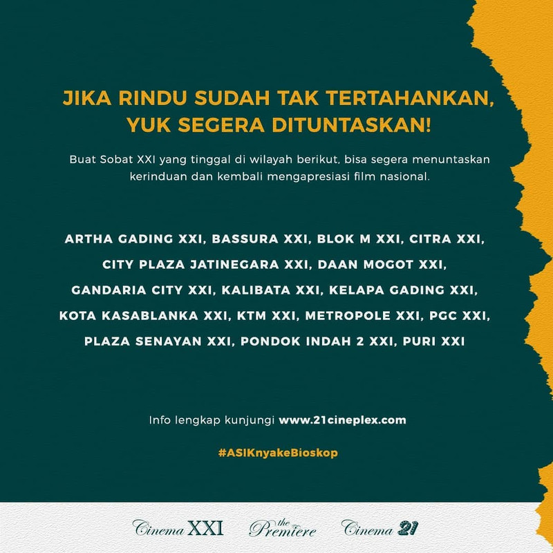 Daftar bioskop Cinema XXI yang sudah dibuka.