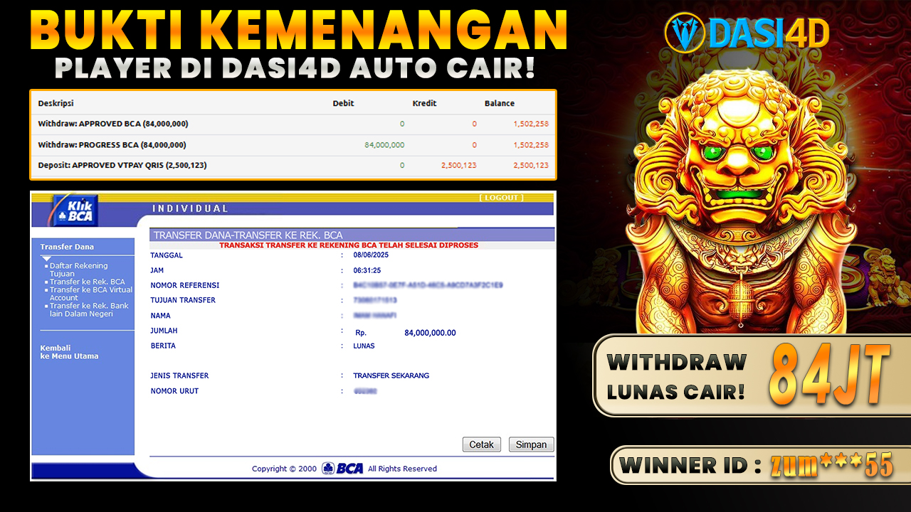 BUKTI KEMENANGAN 08 JUNI 2025 DI 5 LIONS MEGAWAYS WD 84 JUTA