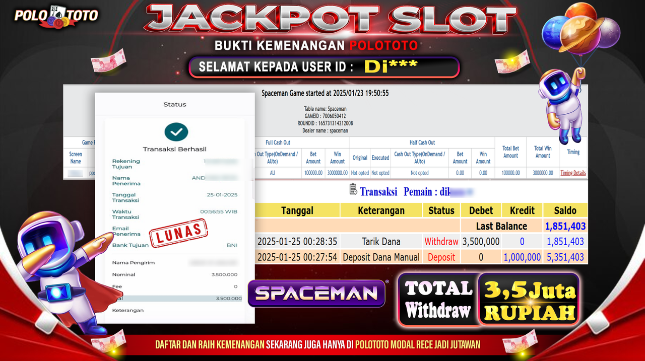 POLOTOTO JACKPOT SLOT SPACEMAN Rp.3,500.000,- 