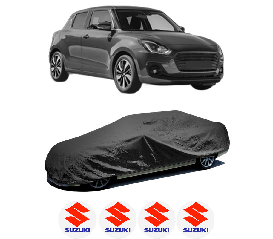 Husa tip prelata auto pentru SUZUKI SWIFT V (AZ) din 2017-2020, Culoare Negru, material textil impermeabil, rezistanta la intemperii praf UV, CARPASSION Husa Protectie, 4 Stickere auto cu SUZUKI