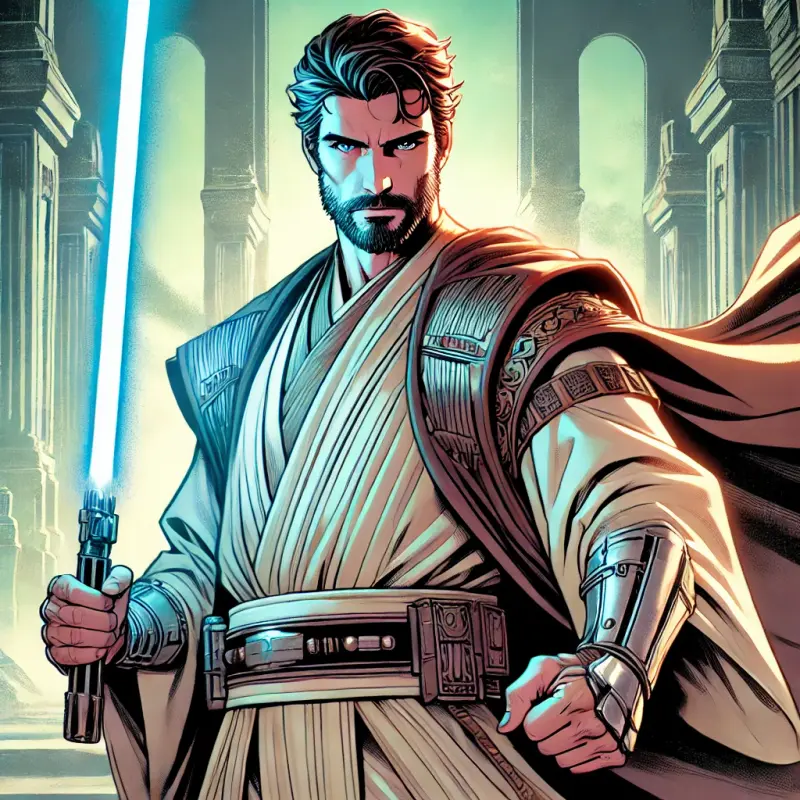 DALLE-2025-03-13-17-11-17-A-Western-Comic-style-illustration-of-a-powerful-Jedi-Master-and-Aielyn.webp