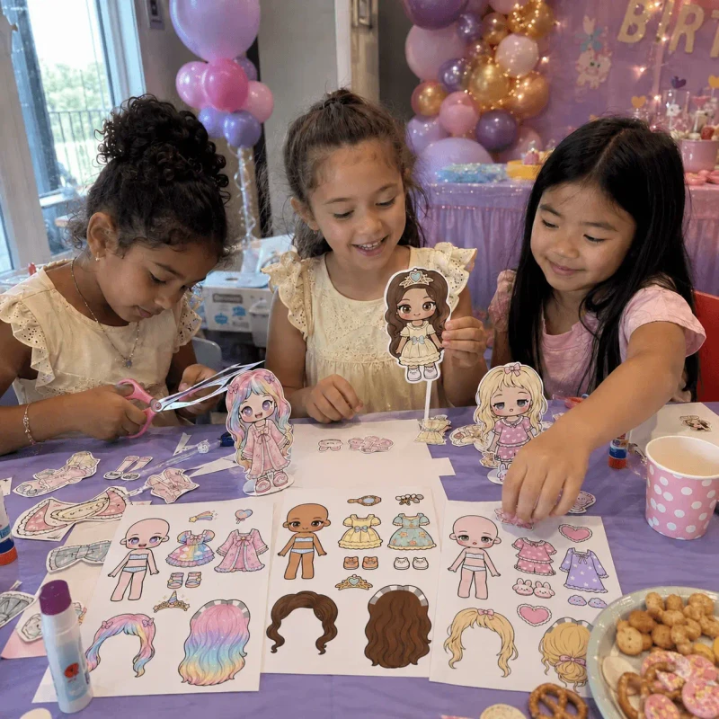 Crianças montando bonecas de papel na mesa de festa