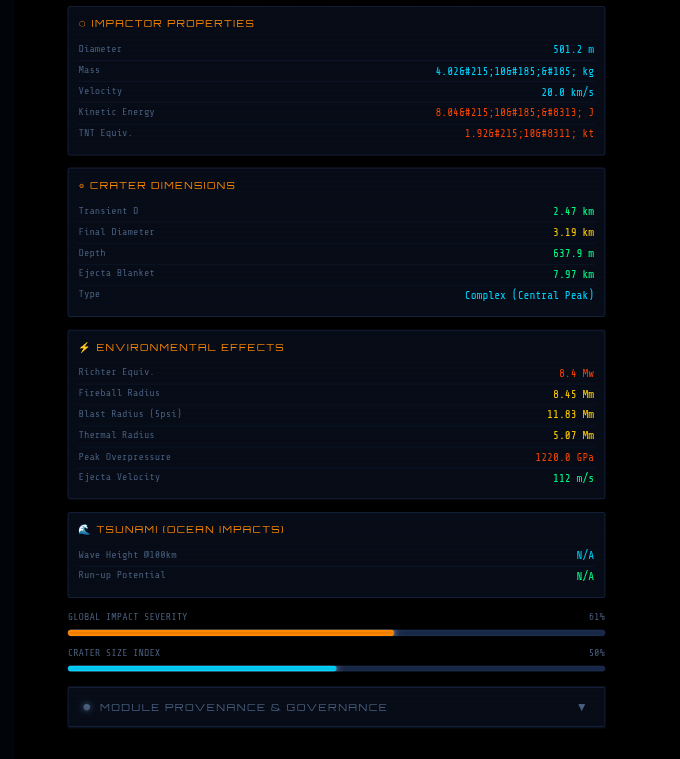 Astrophyzix Impact Engine Simulation Output Screenshot