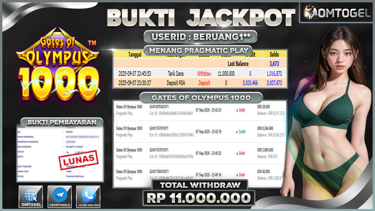 OMTOGEL JACKPOT PRAGMATIC PLAY GATES OF OLYMPUS 1000 11 JUTA DI BAYAR LUNAS ,-