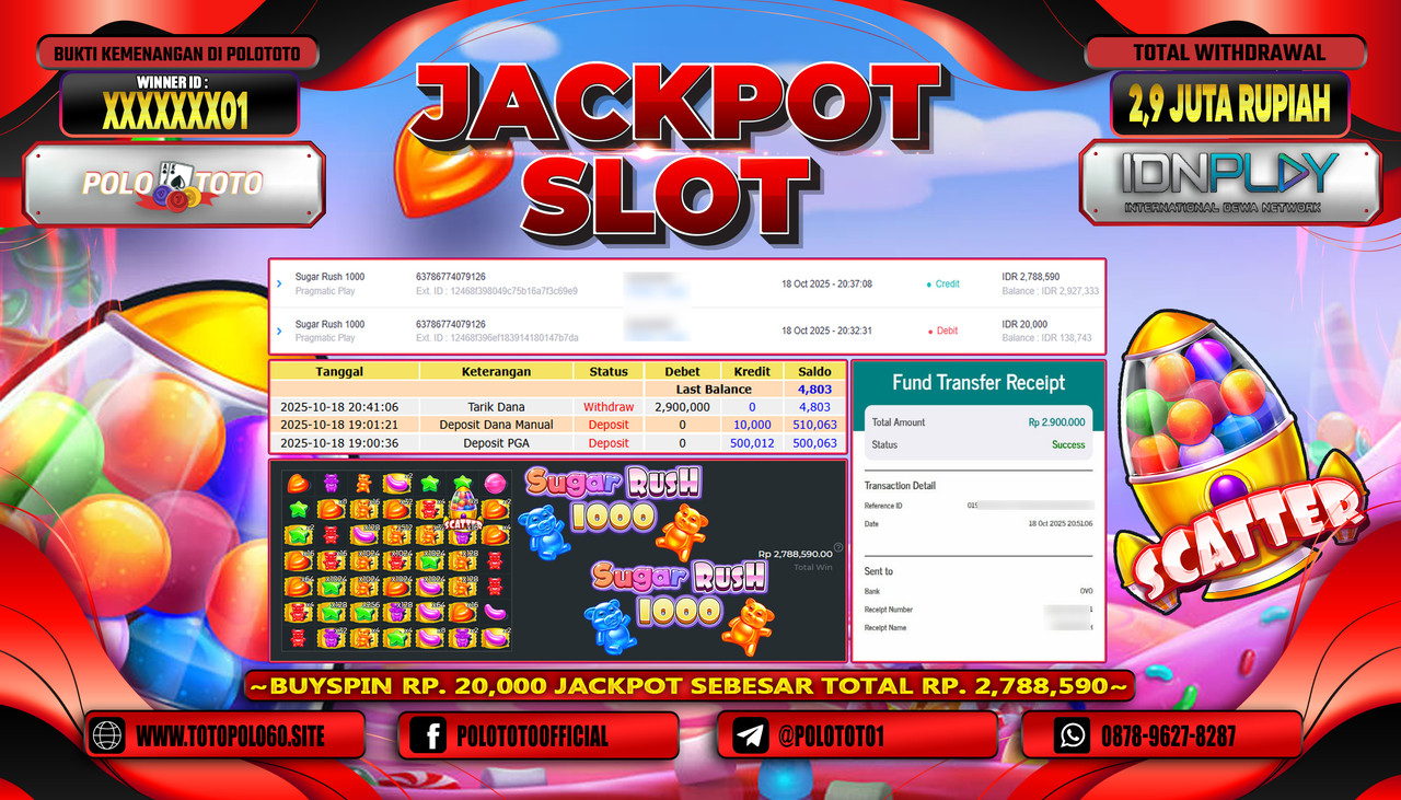 POLOTOTO JACKPOT SLOT SUGAR RUSH 1000 Rp.2.900.000,- LUNAS