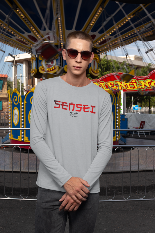 long sleeve t shirt mockup of a man standing in front of a swing carousel ride 29036