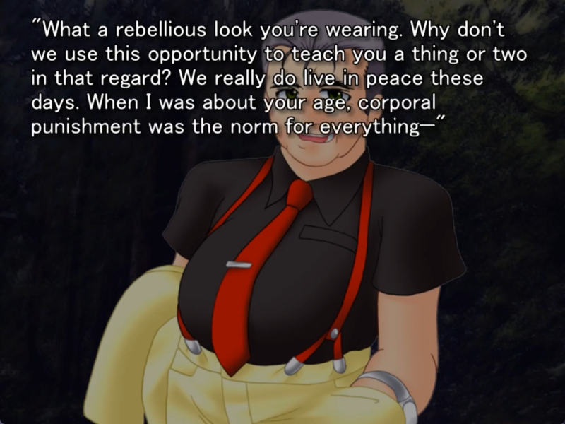 a still image from the original higurashi visual novel. ooishi is smirking on the screen. He says “what a rebellious look you’re wearing. Why don’t we use this opportunity to teach you a thing or two in that regard? We really do live in peace these days. When I was your age, corporal punishment was the norm for everything -“
