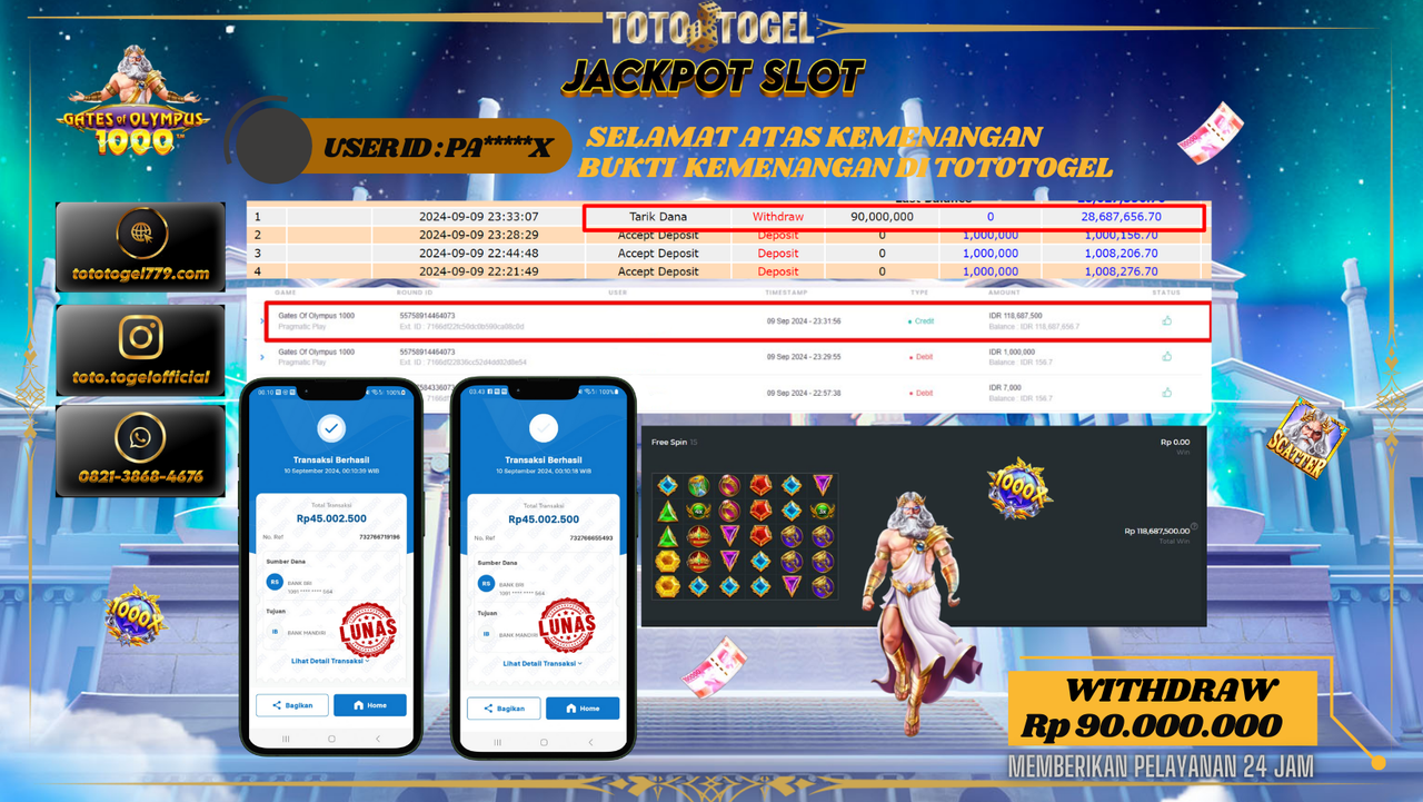 Bukti Kemenangan Permainan Slot Gates Of Olympus 1000 Dengan ID : PA*****X Terbayar Lunas!!