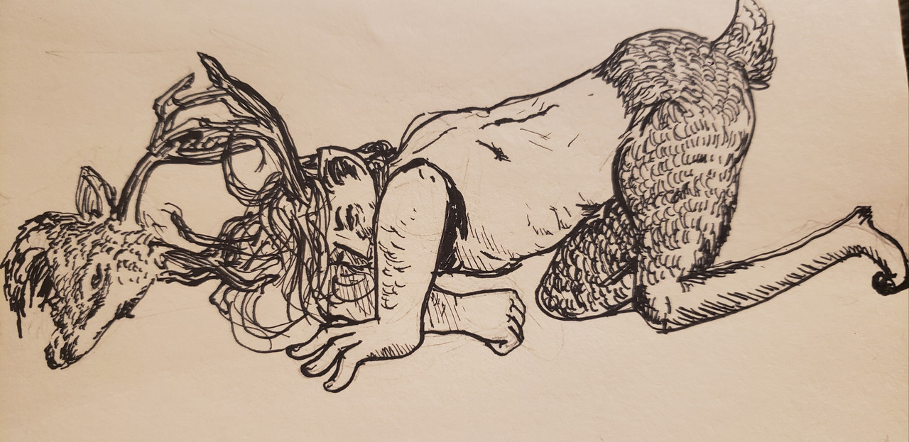 Shuangtou lying on the ground with a deer head entangled in their antlers