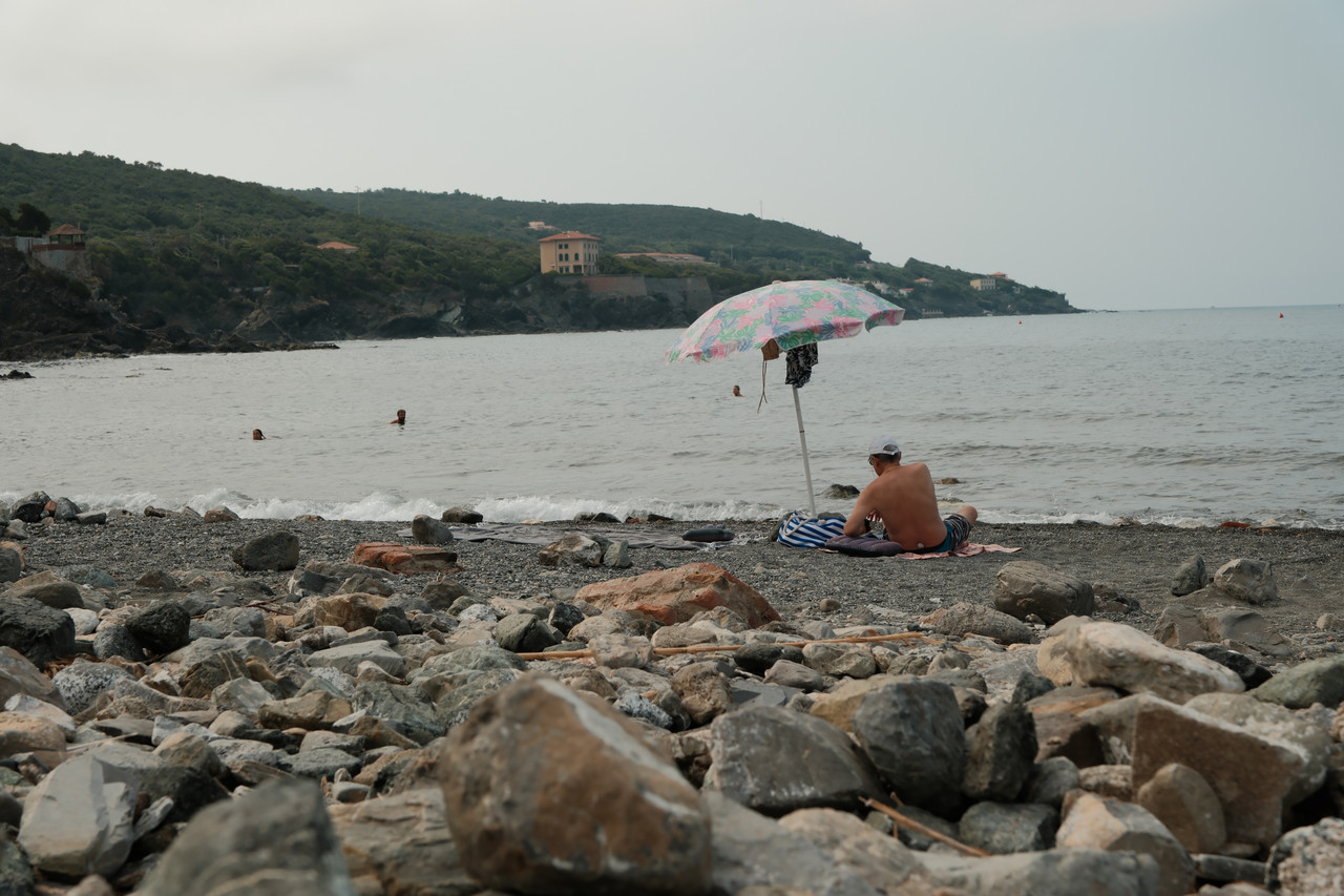 A rocky Mediterranean cove, pine-covered headland beyond