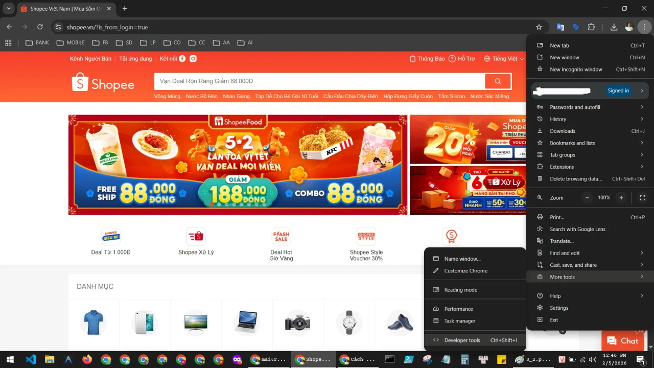 Menu trình duyệt → Developer Tools