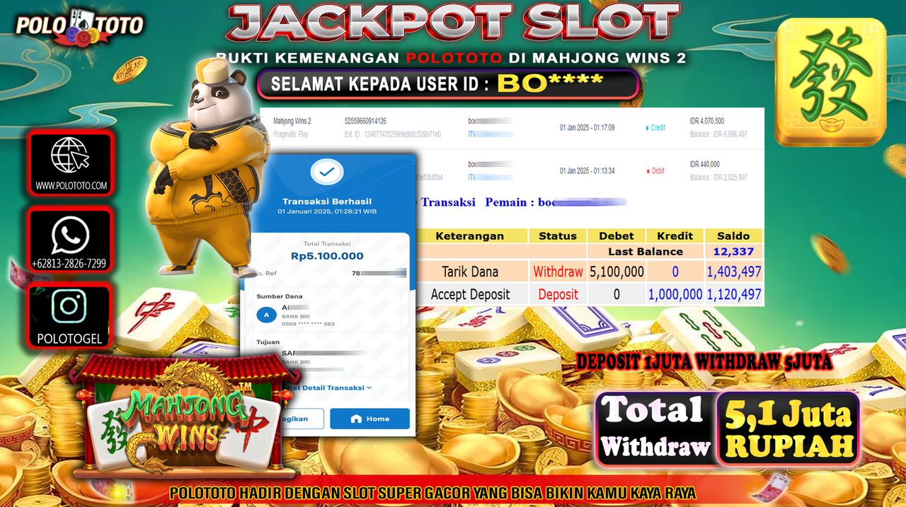 POLOTOTO JACKPOT SLOT MAHJONG WINS  Rp.5,100.000,-