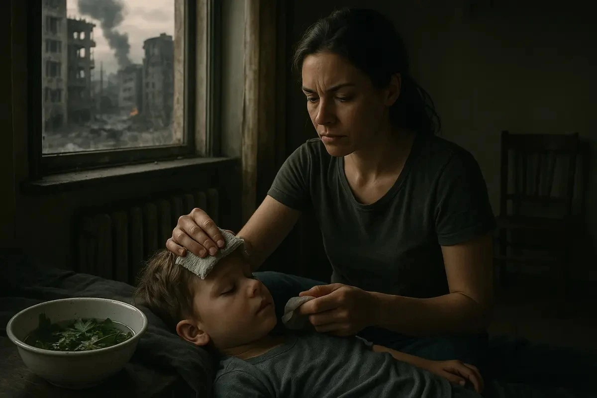 Mother caring for a child with natural plants