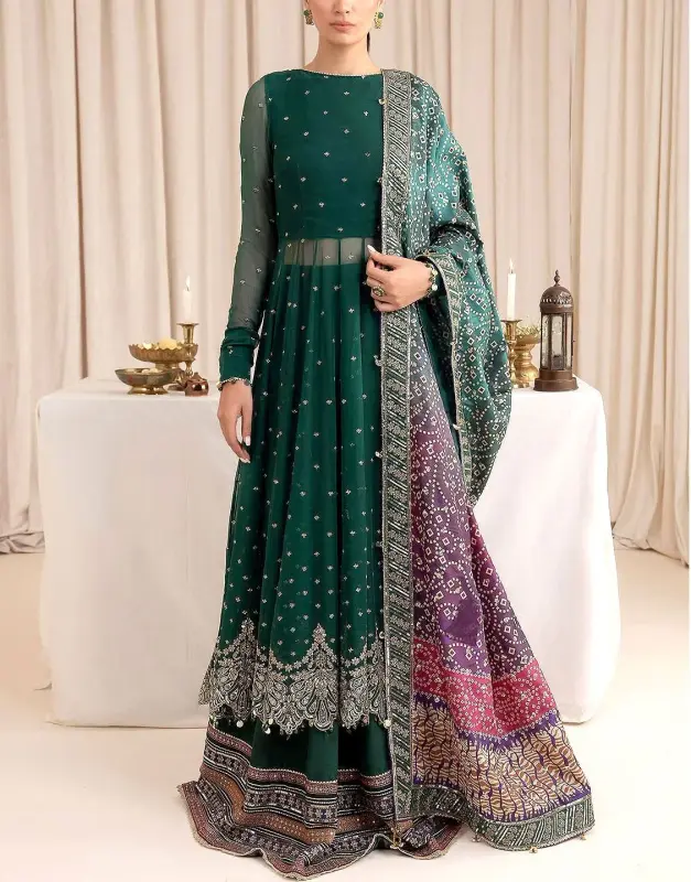 Luxurious Handwork Embroidered Chiffon Bridal Frock (40" L) | Emb. Silk Trouser