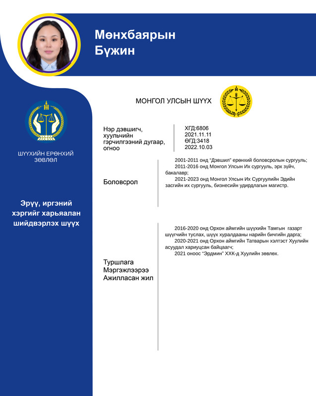 Эрүү, иргэний хэргийг харьяалан шийдвэрлэх анхан шатны шүүхийн шүүгчид нэр дэвшигч М.Бүжингийн мэргэжлийн үйл ажиллагааны танилцуулга