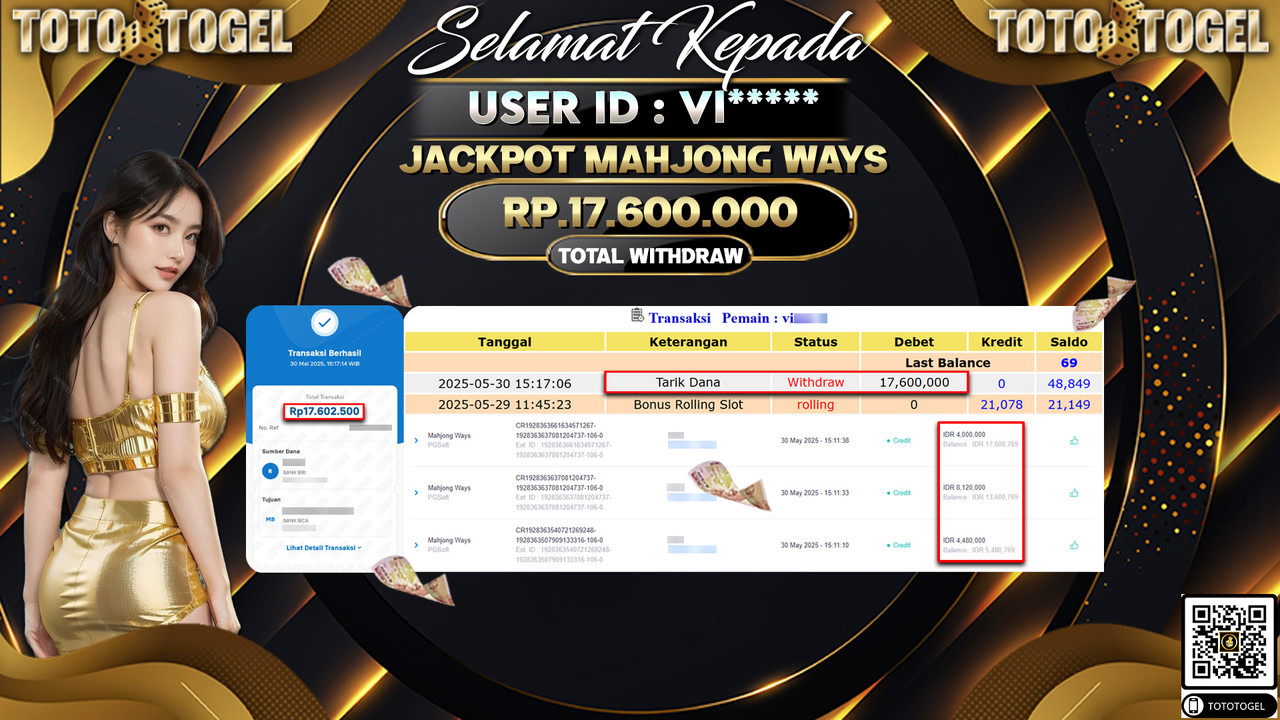 Bukti Pembayaran Jackpot Permainan Slot Mahjong Ways ID:VI***** LUNAS