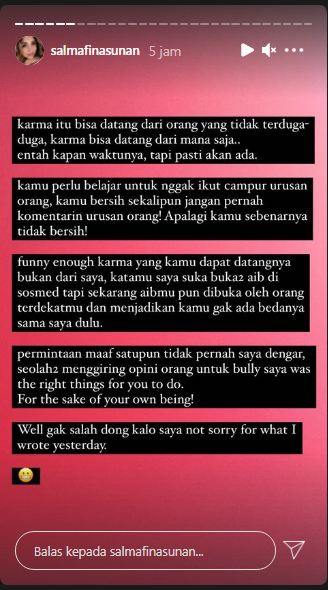 Salmafina Sunan bahas soal karma yang datang tak terduga