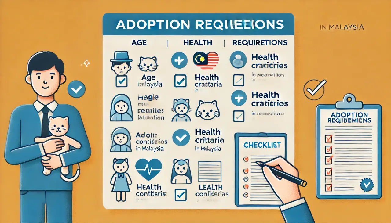 Checklist of adoption eligibility and requirements in Malaysia, including age, health criteria, and legal considerations.