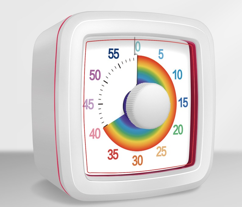 White Visual timer for kitchen – a 60-minute rainbow countdown timer, silent operation, suitable for cooking, studying, and everyday tasks. Battery powered (batteries not included), made of ABS plastic