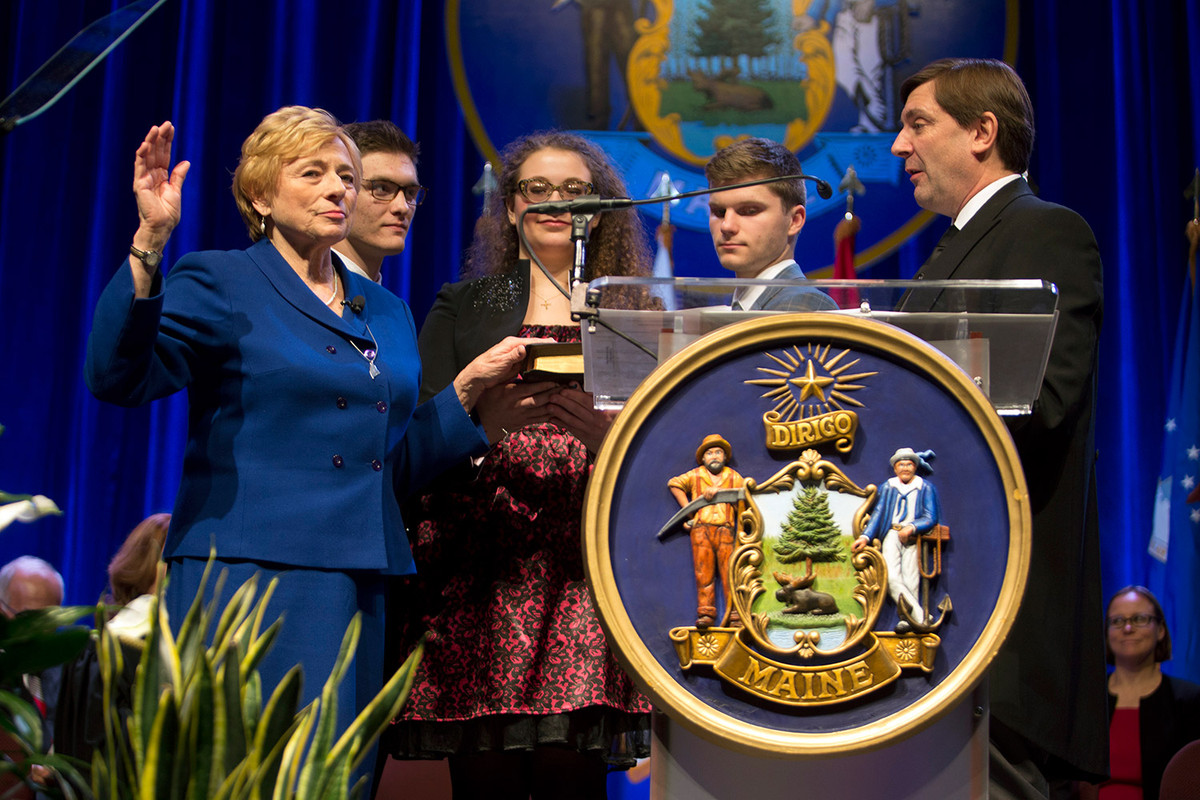 Janet Mills is sworn in as the 75th governor of Maine during her inauguration ceremony at the Augusta Civic Center on Jan 2, 2019