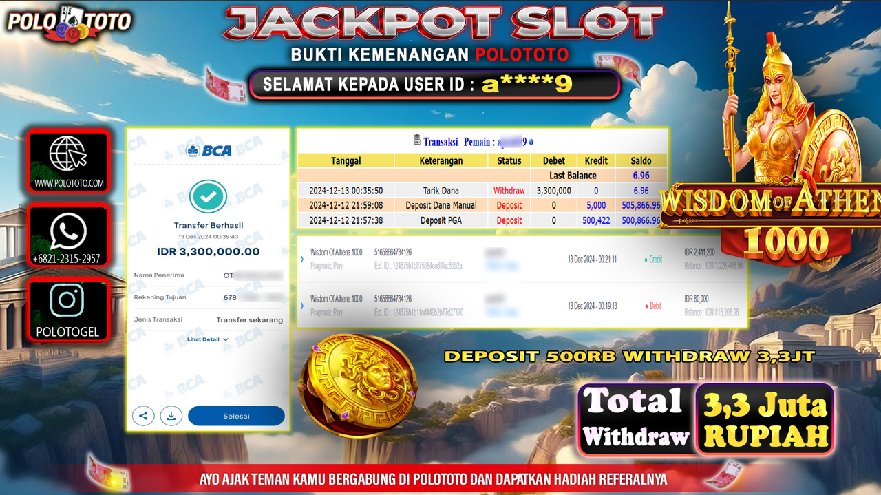 POLOTOTO JACKPOT SLOT WISDOM OF ATHENA 1000 Rp.3,300.000,-