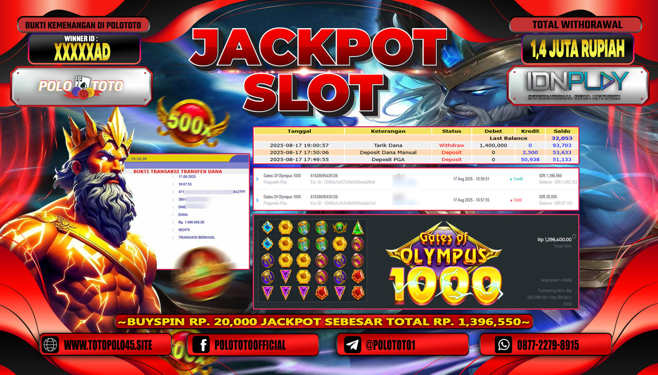 POLOTOTO JACKPOT SLOT GATES OF OLYMPUS 1000 Rp.1.400.000,- LUNAS