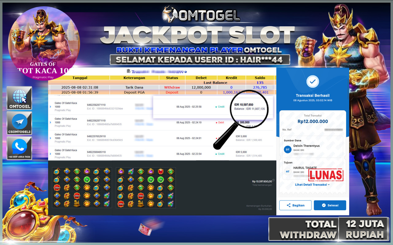 OMTOGEL JACKPOT PRAGMATIC PLAY GATES OF GATOTKACA 1000 12 JUTA DI BAYAR LUNAS ,-
