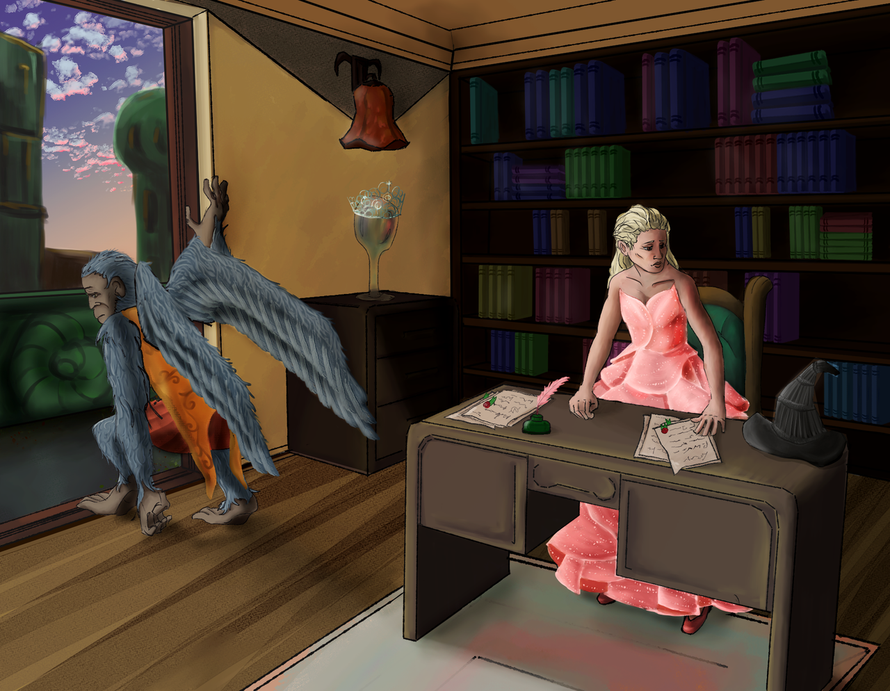 Glinda standing in her office in the Emerald Palace, Chistery is turned away from her, about to leave through the balcony doors