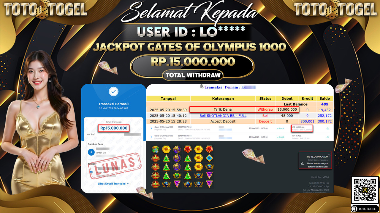 Bukti Pembayaran Jackpot Permainan Slot Gates Of Olympus 1000 ID:LO***** LUNAS