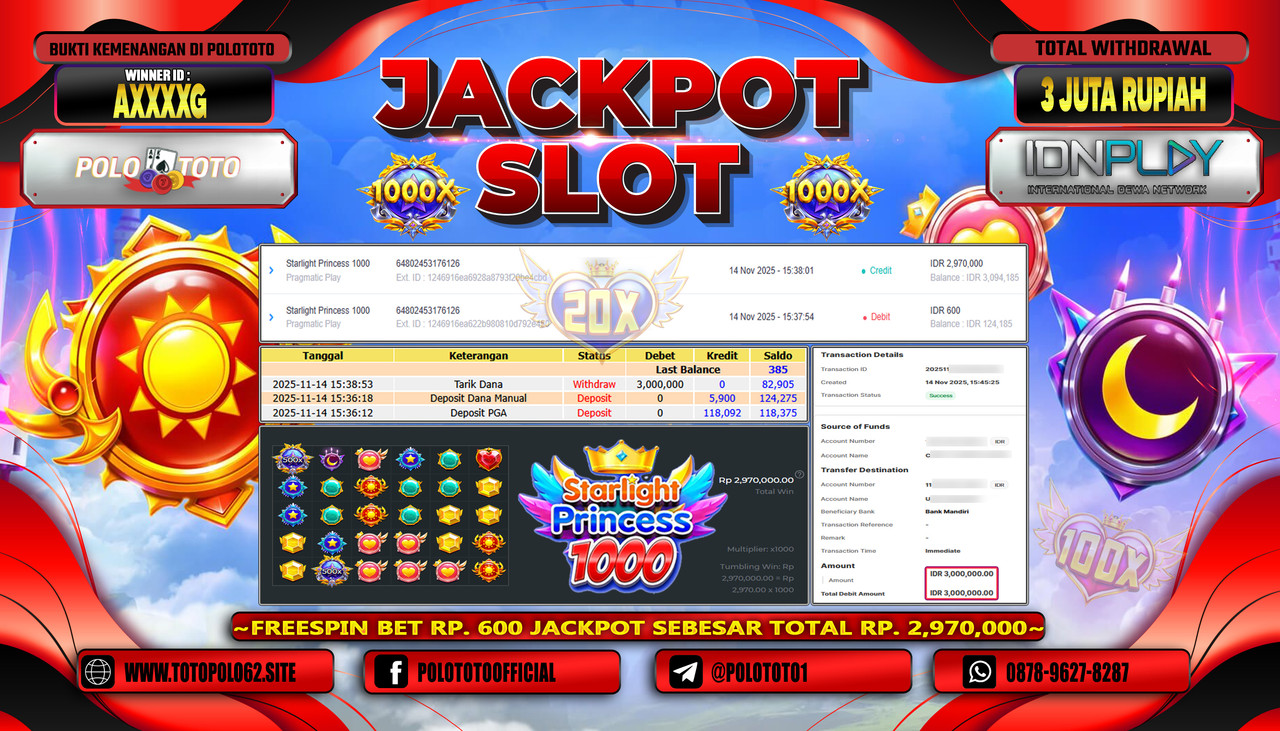 POLOTOTO JACKPOT SLOT STARLIGHT PRINCESS 1000 Rp.3.000.000,- LUNAS