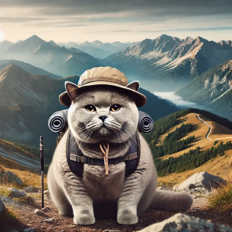 DALL-E-2024-09-07-14-02-19-A-chubby-gray-British-Shorthair-cat-hiking-in-the-mountains-wearing-a.webp