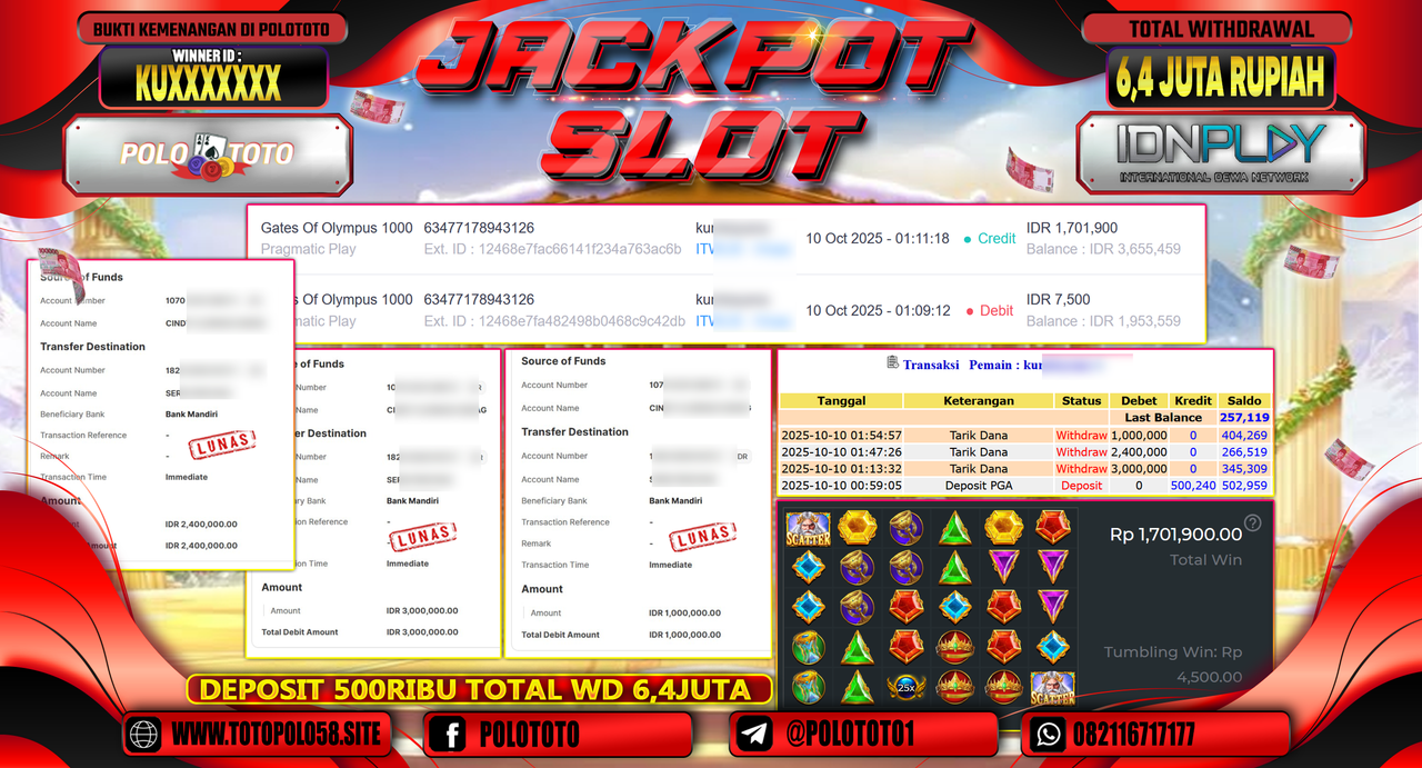 POLOTOTO JACKPOT SLOT GATES OF OLYMPUS 1000 Rp.6.400.000,- LUNAS