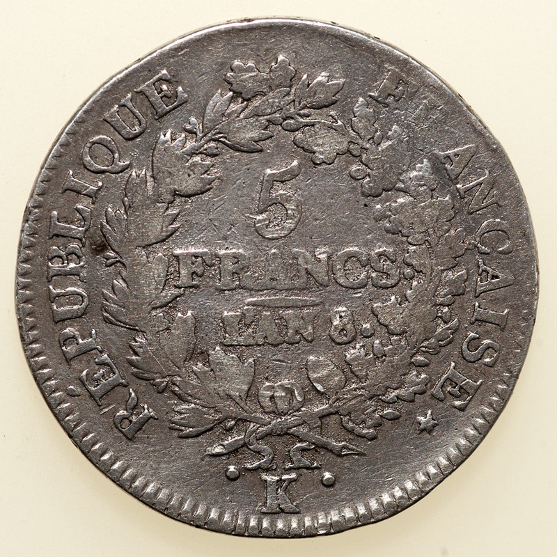 5 francos Union et Force. Francia I República (Consulado). Año 8 (1799-1800). Burdeos. PAS6097