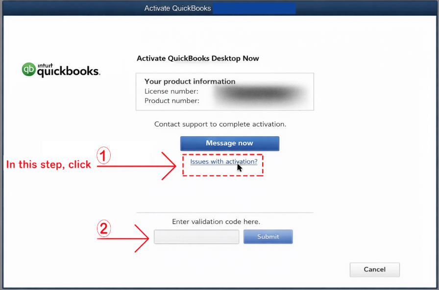 QuickBooks registration screen showing Issues with Activation option