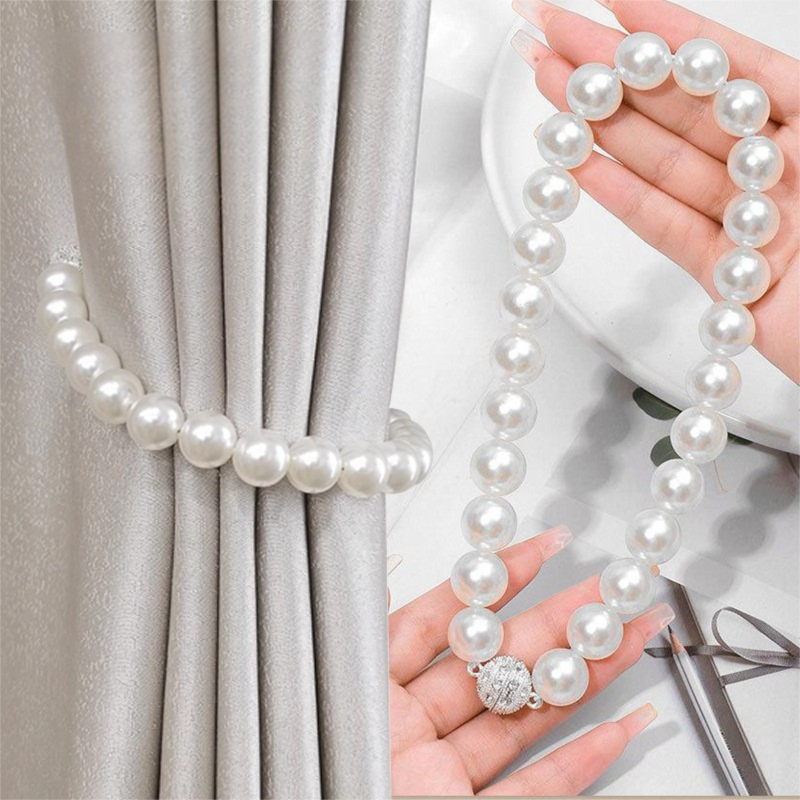 3 Pairs Magnetic Pearl Curtain Tiebacks（25cm） - No-Drill ABS Bead Holdback with Rhinestone Clasp