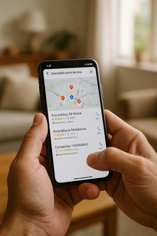 Pessoa pesquisando por 'encanador perto de mim' no celular.