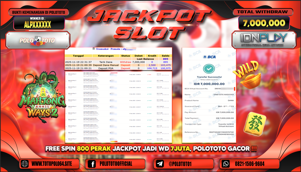 POLOTOTO JACKPOT SLOT MAHJONG WAYS 2 Rp.7.000.000,- LUNAS