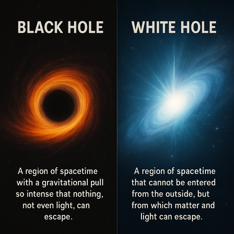A side-by-side comparison of a black hole and a white hole, illustrating their opposing nature.