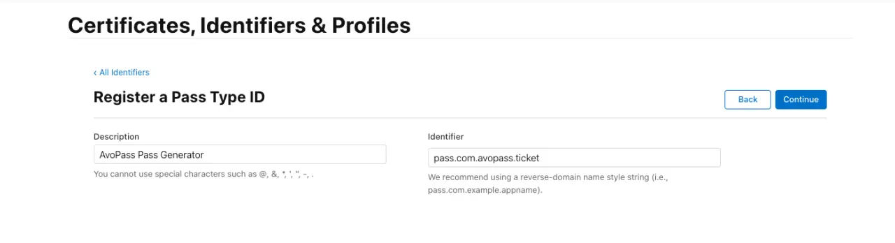 Adding description and Identifier to our Pass Type ID