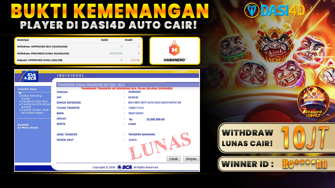 BUKTI KEMENANGAN 22 JUNI 2025 DI DARUMA IMPACT WD 10 JUTA