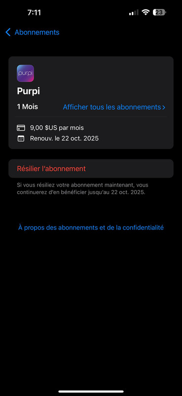 Écran d'annulation d'abonnement Purpi avec option Résilier