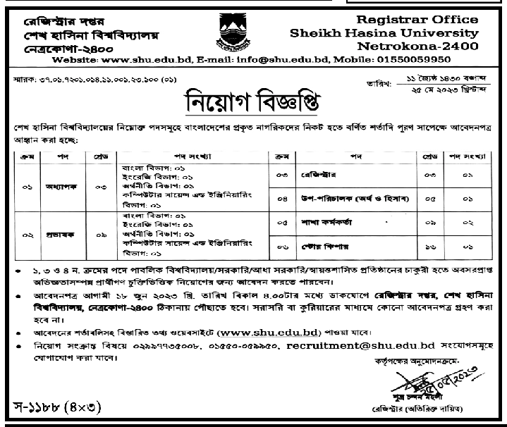 শেখ হাসিনা বিশ্ববিদ্যালয় নেত্রকোনা নতুন নিয়োগ বিজ্ঞপ্তি ২০২৩ 